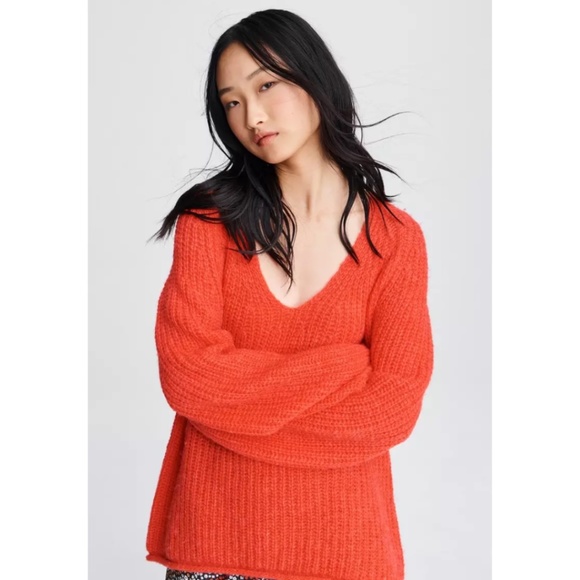 Rag & Bone Joseph Wool Blend V-Neck Sweater in Bright Coral, Size Small - Picture 2 of 14
